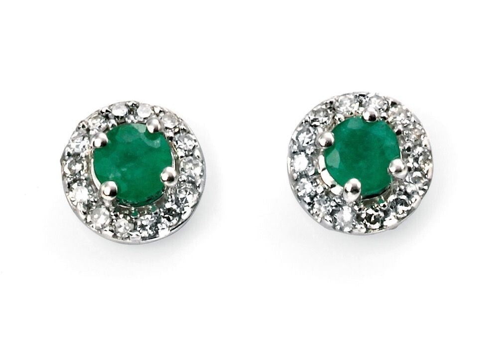 Emerald And Diamond Halo Stud Earrings 9ct White Gold 375 Hallmark British Made