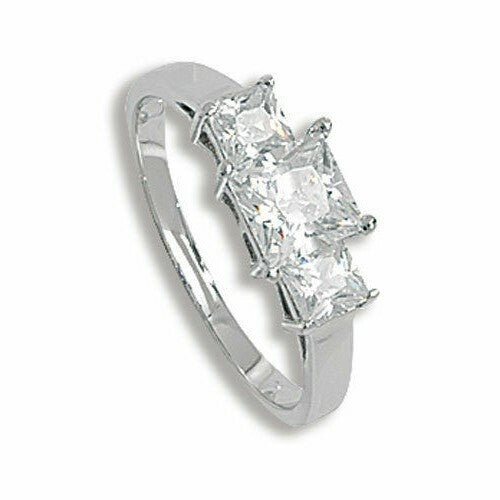 Sterling Silver Three Stone Ring Princess Engagement 925 Hallmarked Size K - S