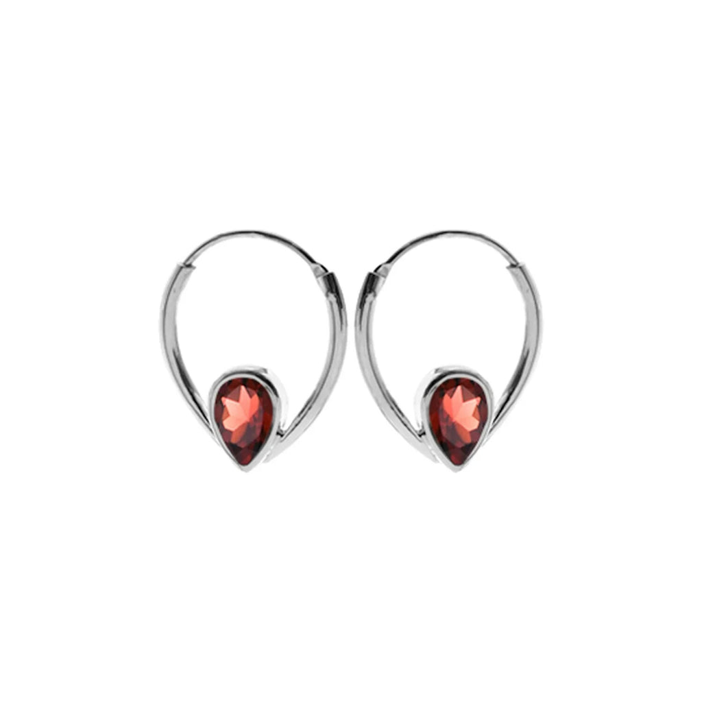 Teardrop Garnet Hoop Earrings Sterling Silver 925 Hallmarked Brand New Boxed