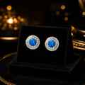 Natural Blue Opal Halo Stud Earrings Sterling Silver 925 Hallmarked Brand New