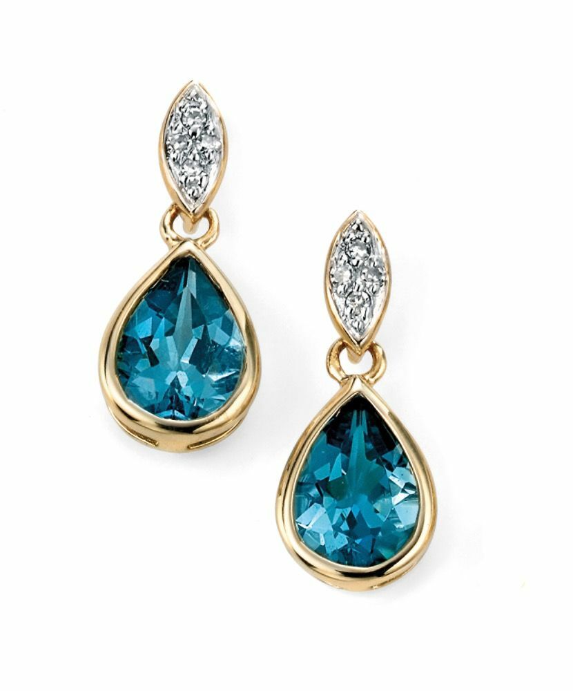 Blue Topaz and Diamond Pear Earrings 9k Yellow Gold Hallmark British Made