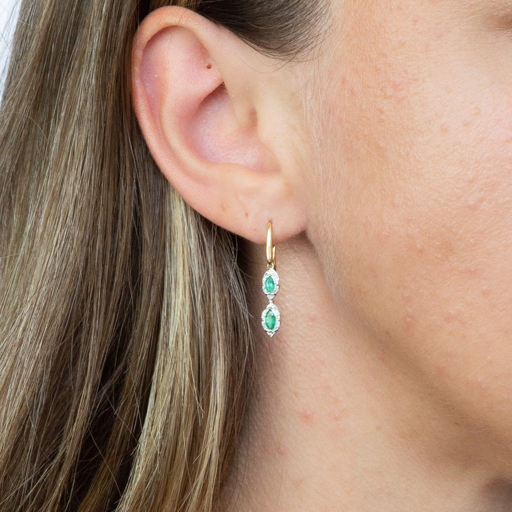 Emerald And Diamond Marquise Earrings 9ct Yellow Gold 375 Hallmark British Made