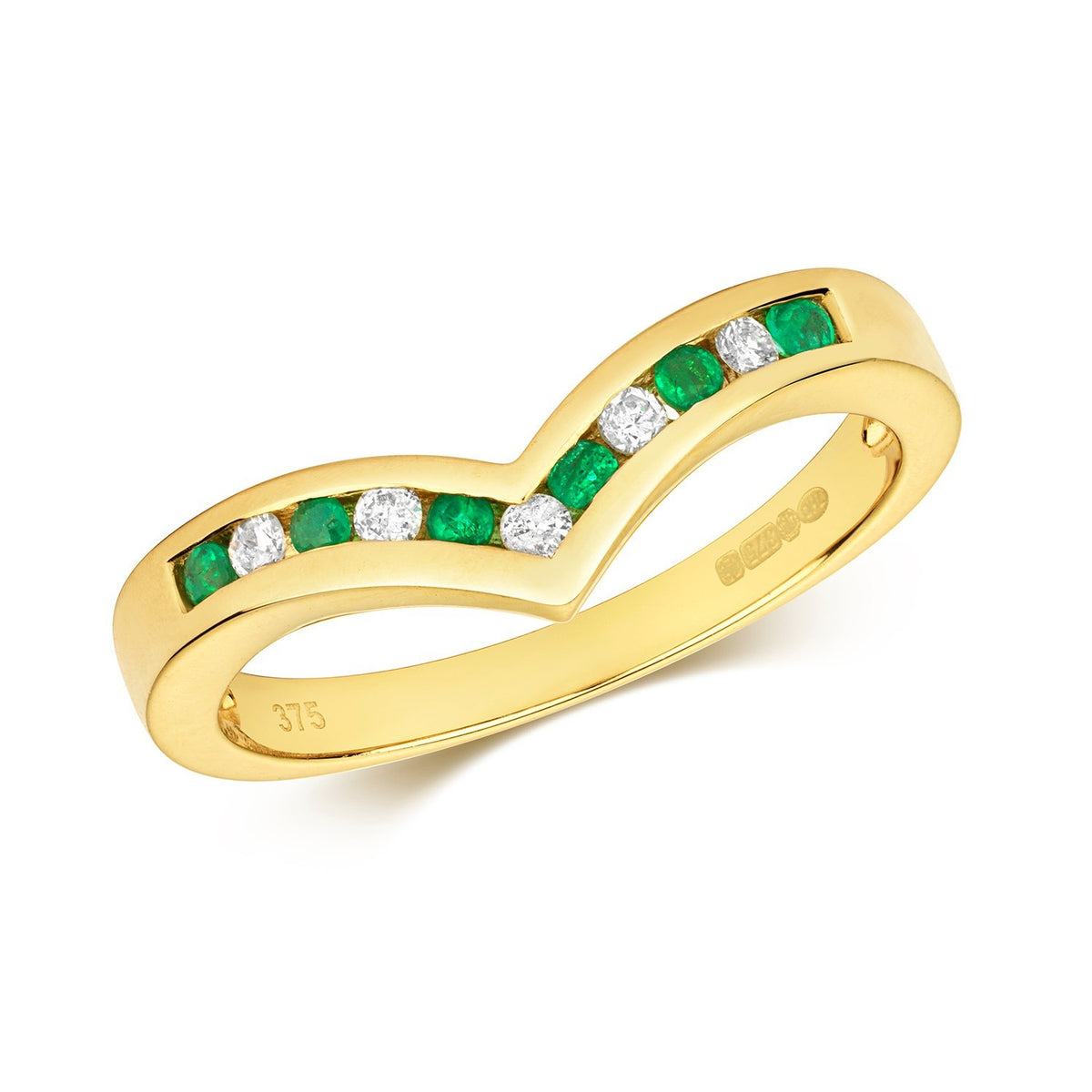 Emerald Diamond Wishbone Ring 9ct Yellow Gold 375 Hallmarked Sizes J - Q