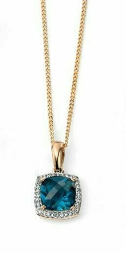 London Blue Topaz & Diamond Pendant Yellow Gold 375 Hallmarked Brand New Boxed