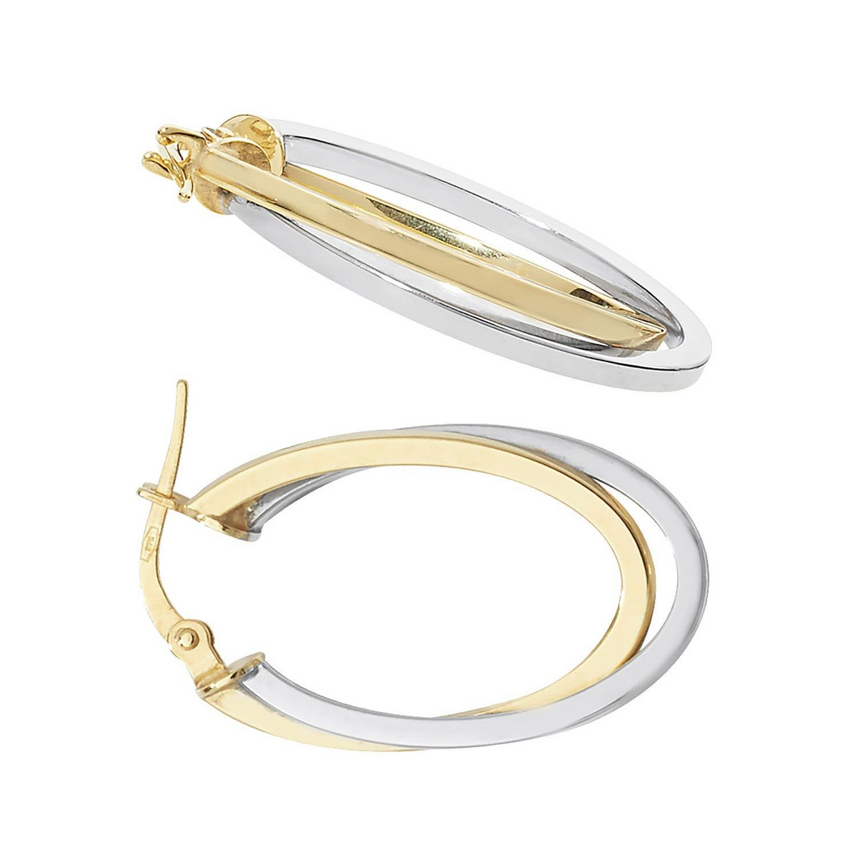 9ct 2 Tone Gold Hinged Oval Double Hoop Earrings 15mm British Made 375 Hallmark