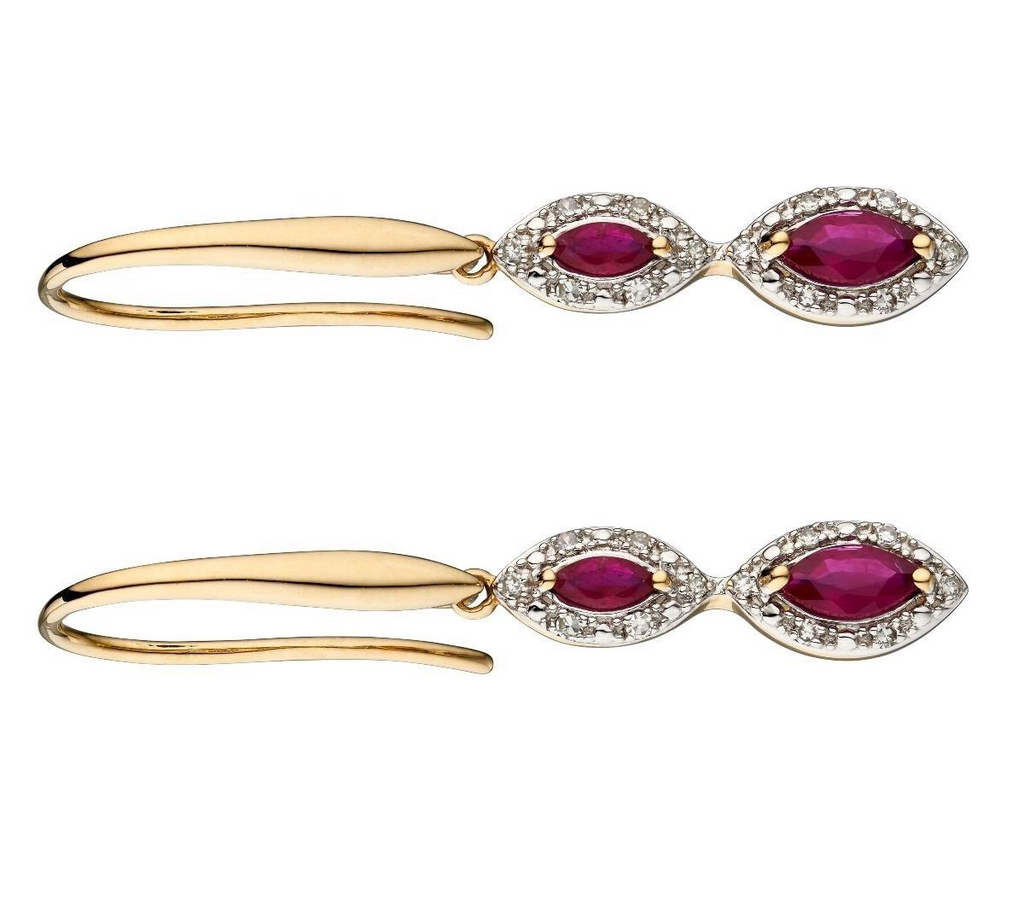 Ruby And Diamond Marquise Earrings 9ct Yellow Gold 375 Hallmarked British Made