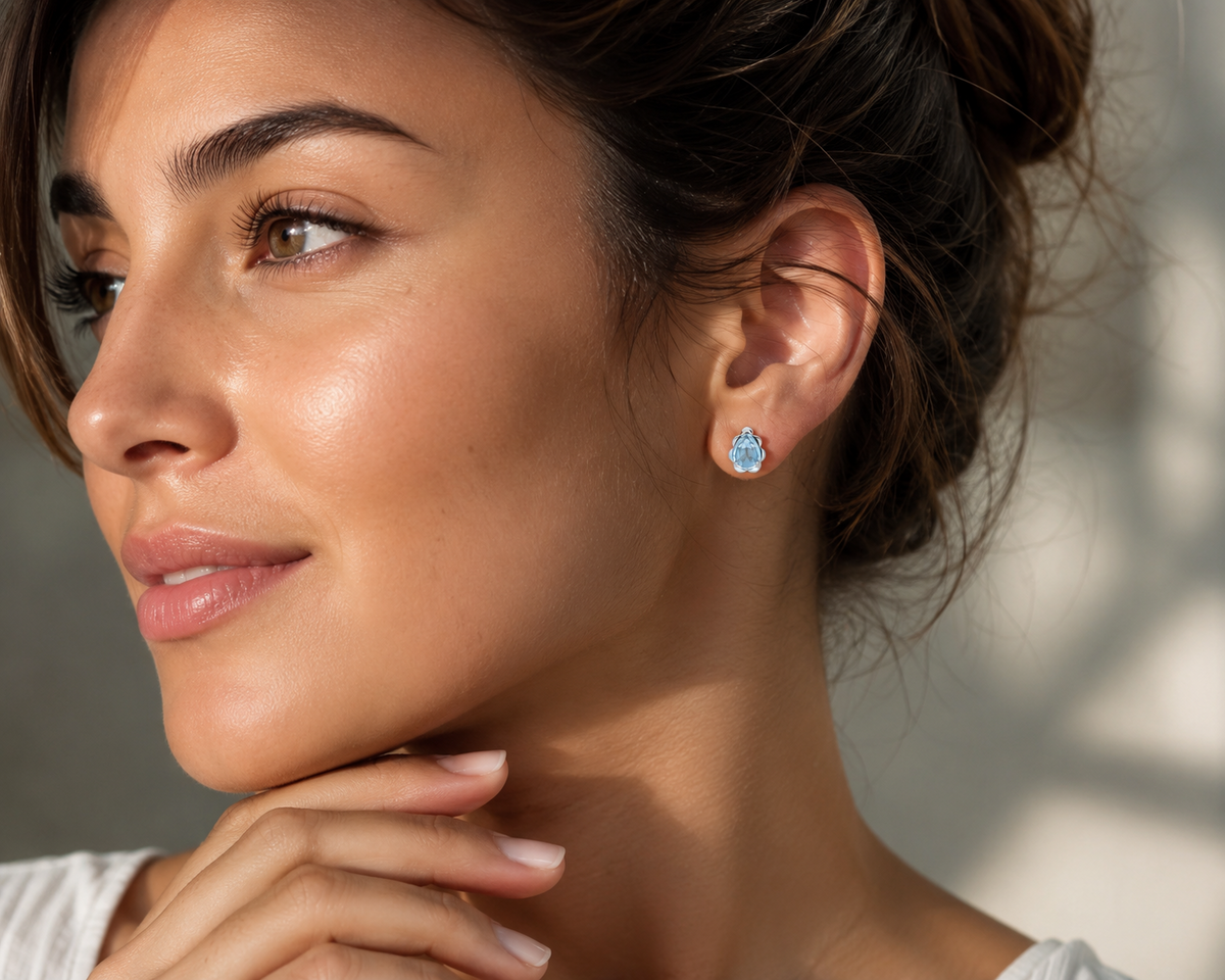 Floral Teardrop Topaz Stud Earrings 9ct White Gold 375 Hallmarked British Made