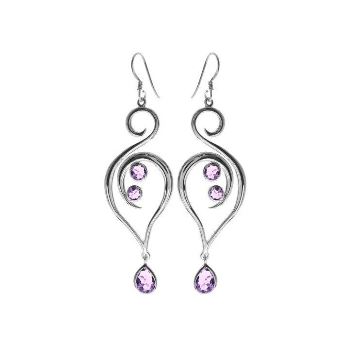 Natural Amethyst Large Swirl Earrings Sterling Silver 925 Hallmark British Made