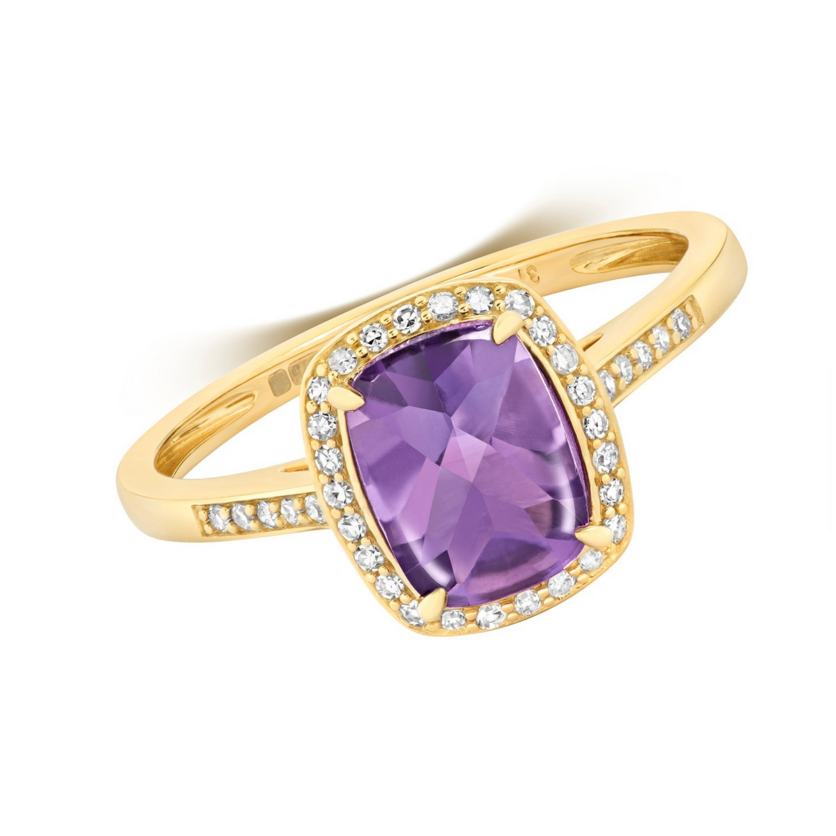 Halo Cushion Amethyst Diamond Ring 9ct Yellow Gold 375 Hallmarked Sizes J - Q
