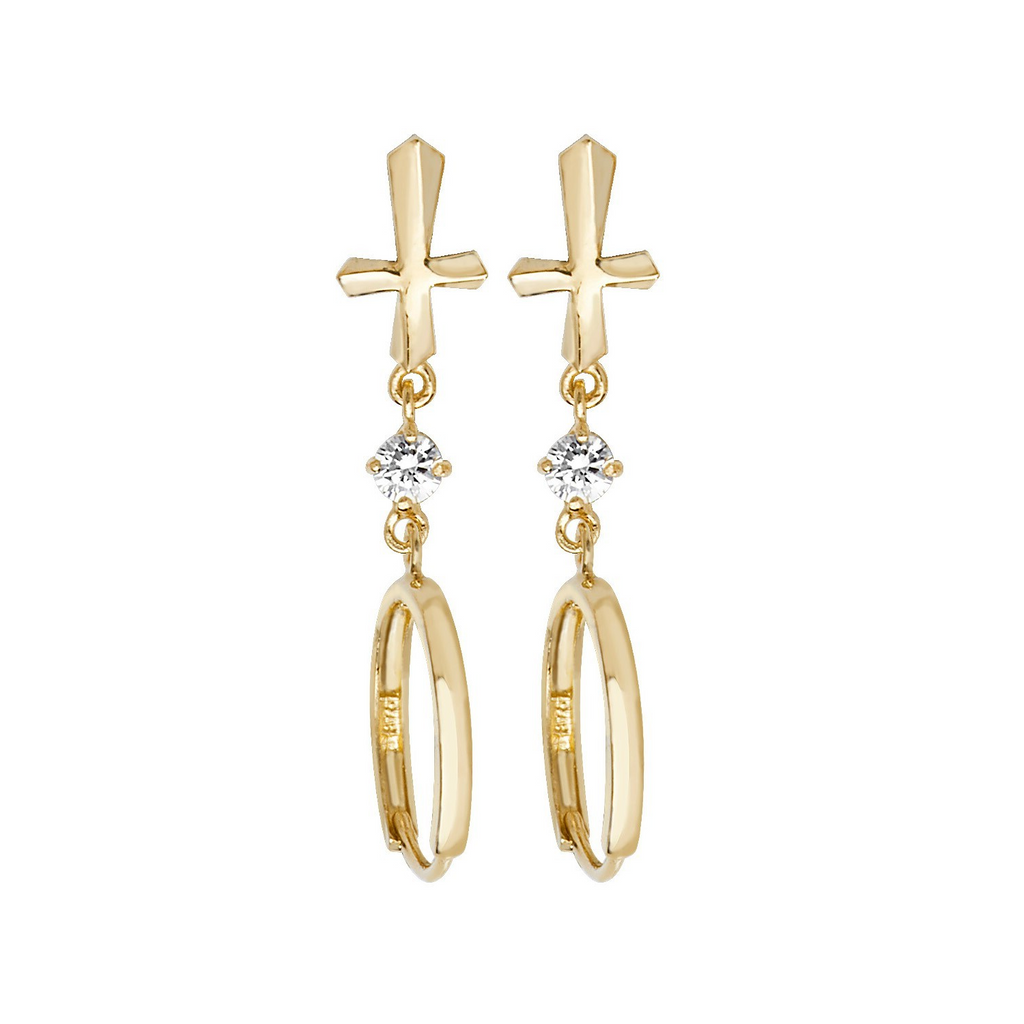 Solitaire Cross Drop Hoop Earrings 9ct Yellow Gold 375 Hallmark Brand New Boxed