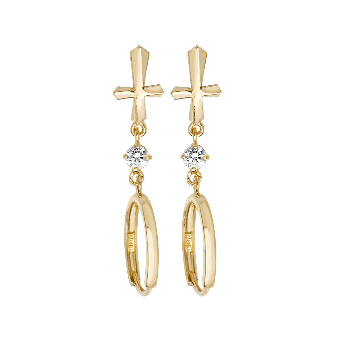 Solitaire Cross Drop Hoop Earrings 9ct Yellow Gold 375 Hallmark Brand New Boxed