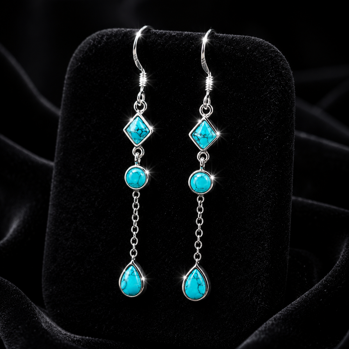 Natural Turquoise Chain Drop Earrings Sterling Silver 925 Hallmarked Brand New