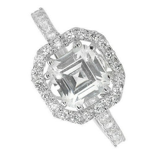 Sterling Silver Asscher Halo Ring Engagement Gemstone 925 Hallmarked Size L - T