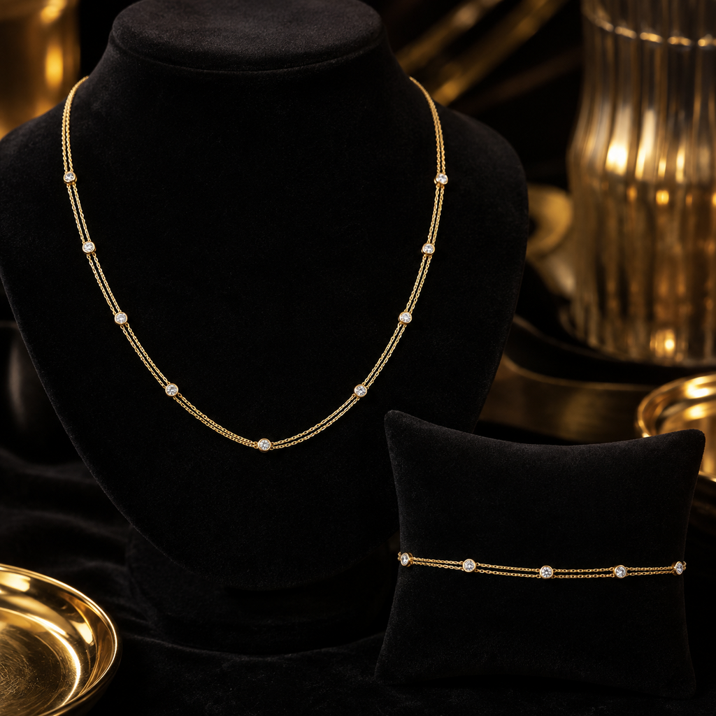 Flush Double Chain Necklace and Bracelet Set 9ct Yellow Gold 375 Hallmarked