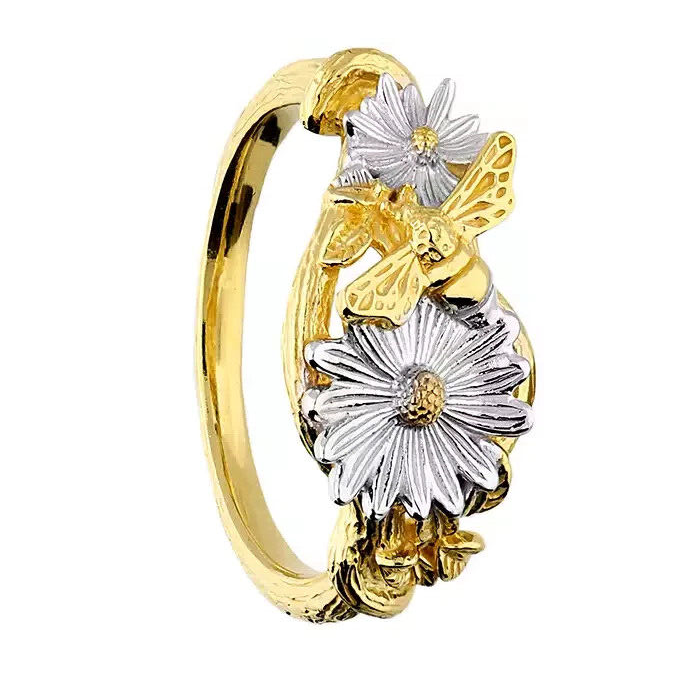 2 Tone Floral Ring 9ct Yellow Gold Plated Hallmarked British Made Size L - R