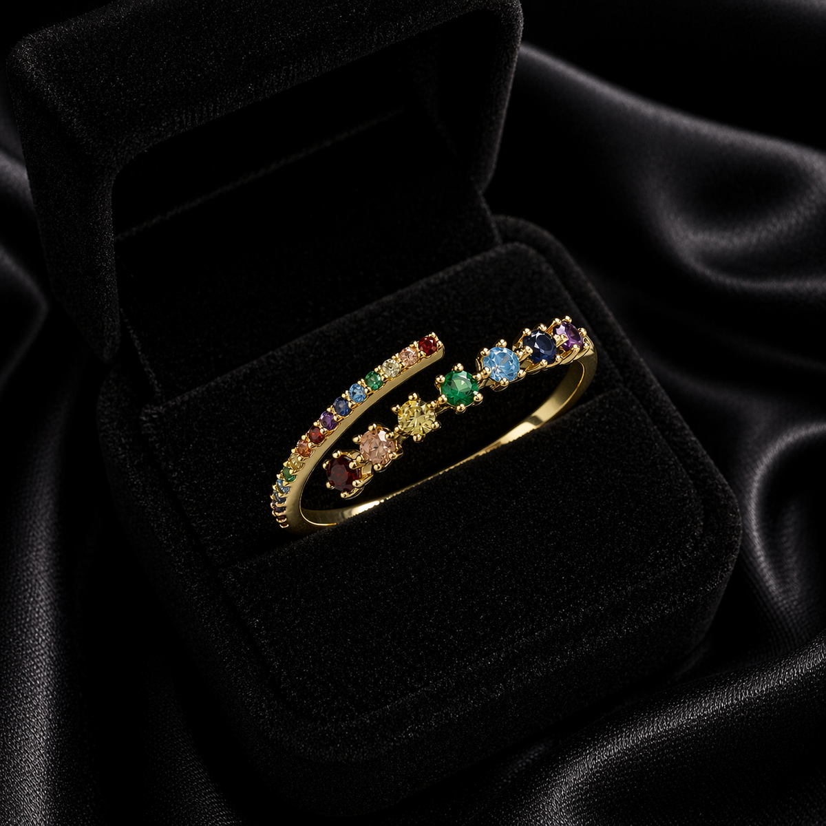 Rainbow Wrap Ring 9ct Yellow Gold Channel Set Hallmarked Sizes J-S British Made