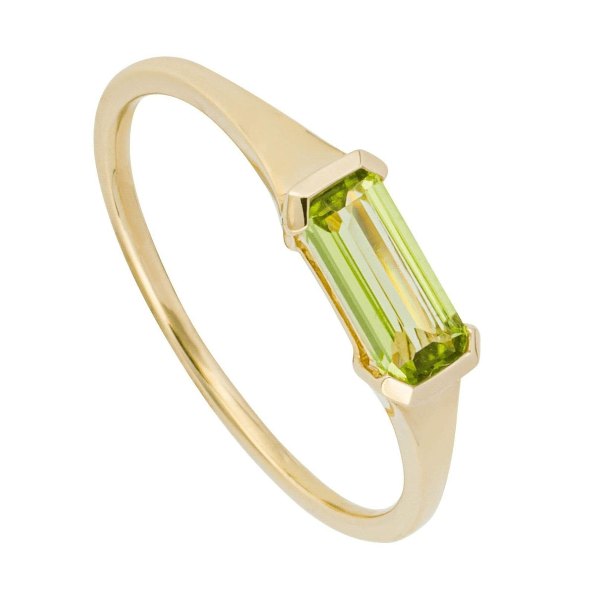 Elongated Baguette Peridot Ring 9ct Yellow Gold British Made Sizes L - Q