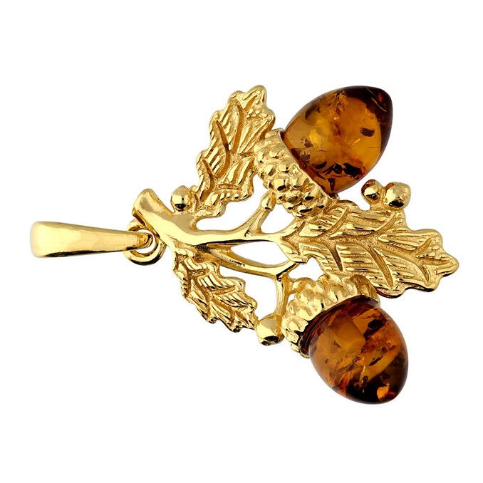 Acorn Natural Amber Pendant Yellow Gold Plated Hallmarked All Chain Lengths