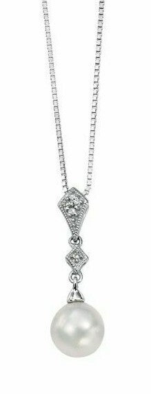 Diamond & Freshwater Pearl Pendant 9ct White Gold British Made 375 Hallmarked
