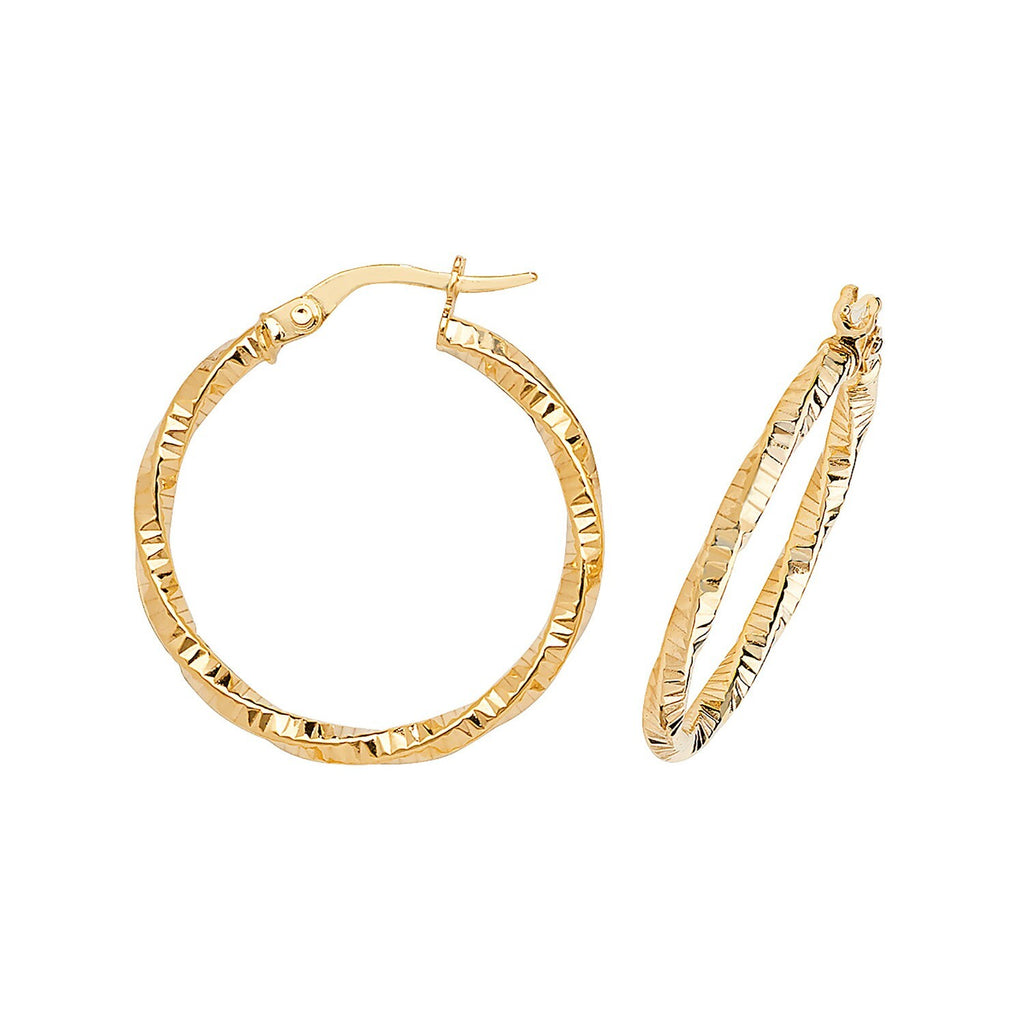 9ct Yellow Gold Diamond Cut Hoop Earrings 375 Hallmarked 10mm - 25mm Diameter