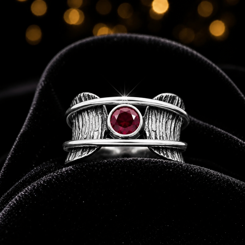 Garnet Tree Bark Spinner Ring Sterling Silver 925 Hallmarked Size K - T