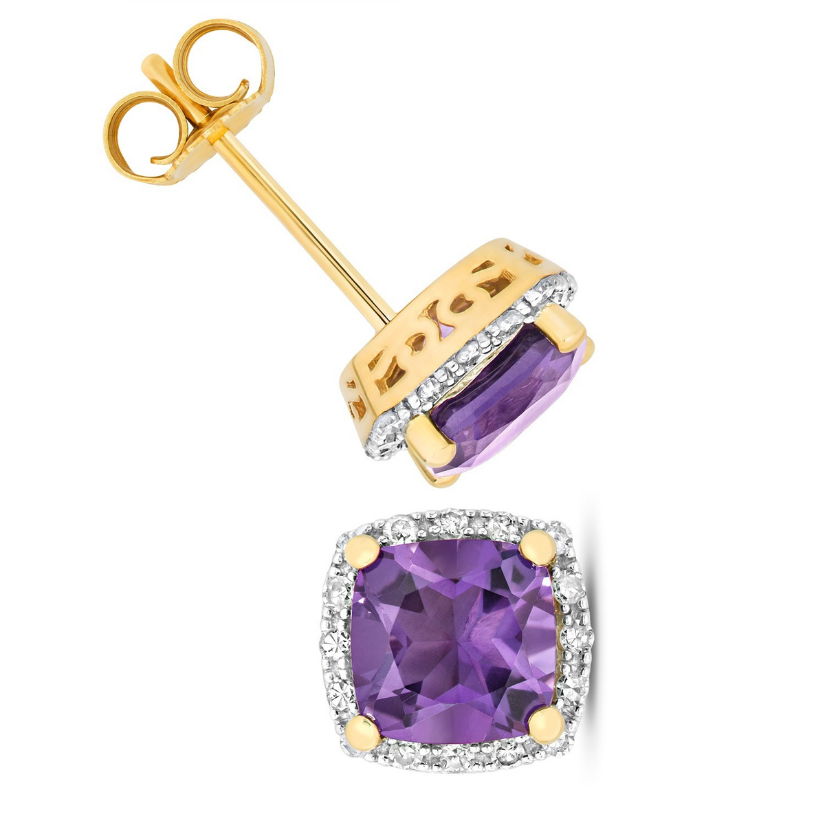 Natural Halo Cushion Amethyst Diamond Earrings 9ct Multi Tone Gold 375 Hallmark