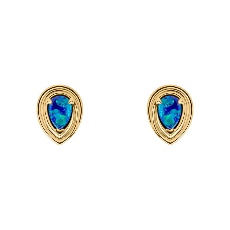 Blue Opal Teardrop Stud Earrings 9ct Yellow Gold 375 Hallmarked British Made