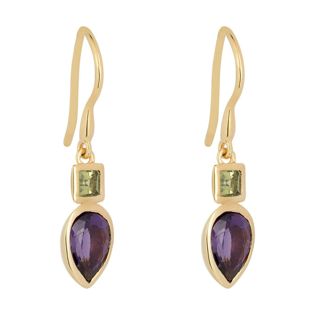 Amethyst And Peridot Drop Earrings Gold Plated 925 Hallmarked British Made