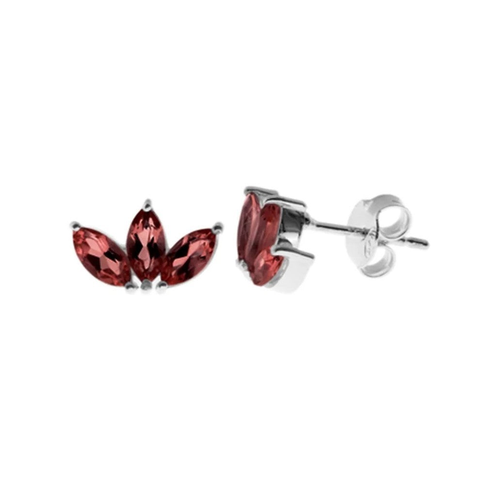 Lotus Flower Natural Garnet Stud Earrings Sterling Silver 925 Hallmarked
