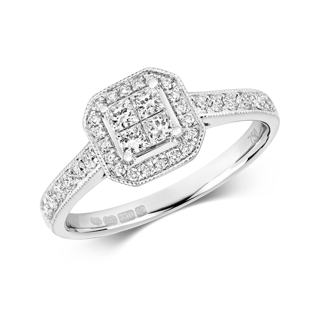 Princess Natural Diamond Halo Ring 18ct White Gold Hallmarked Sizes J - Q