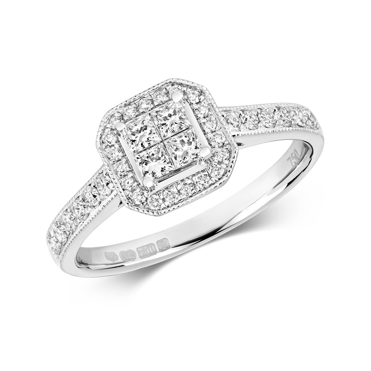 Princess Natural Diamond Halo Ring 18ct White Gold Hallmarked Sizes J - Q