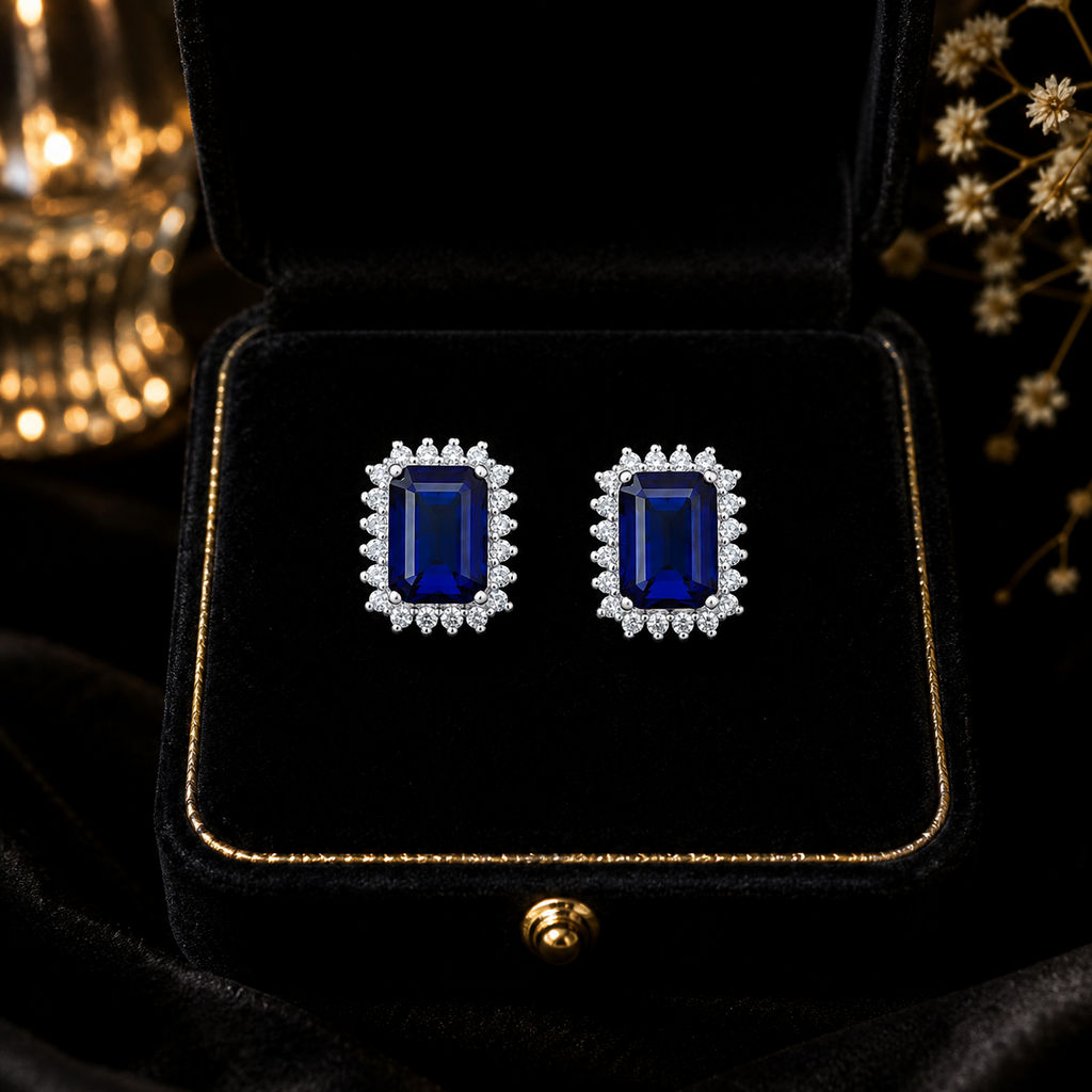 Cushion Halo Sapphire Stud Earrings Sterling Silver 925 Hallmarked British Made