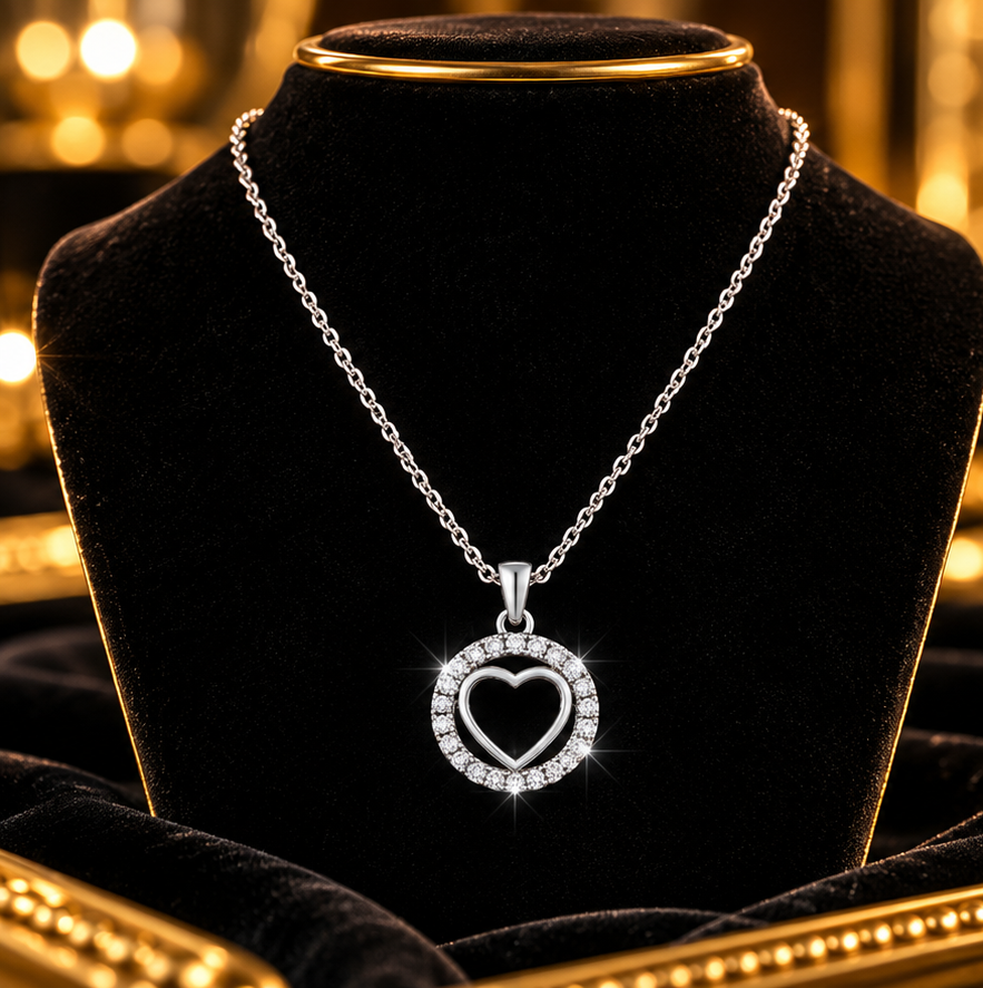 Ladies Circle Halo Heart Necklace Sterling Silver 925 Hallmarked British Made