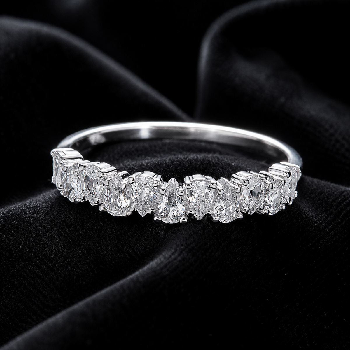Pear Half Eternity Ring Sterling Silver 925 Hallmarked British Made Size L - R