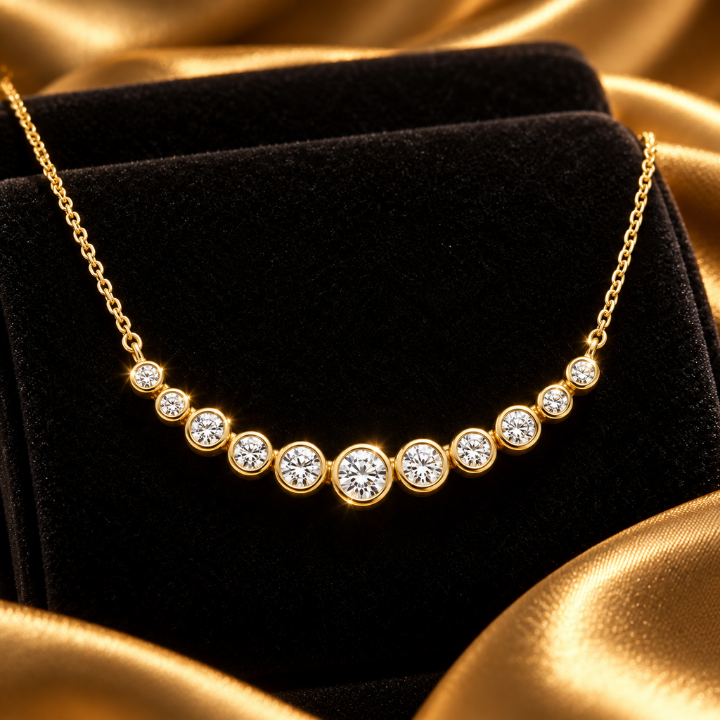 Graduated Bezel Set Necklace 9ct Yellow Gold 375 Hallmarked British Made