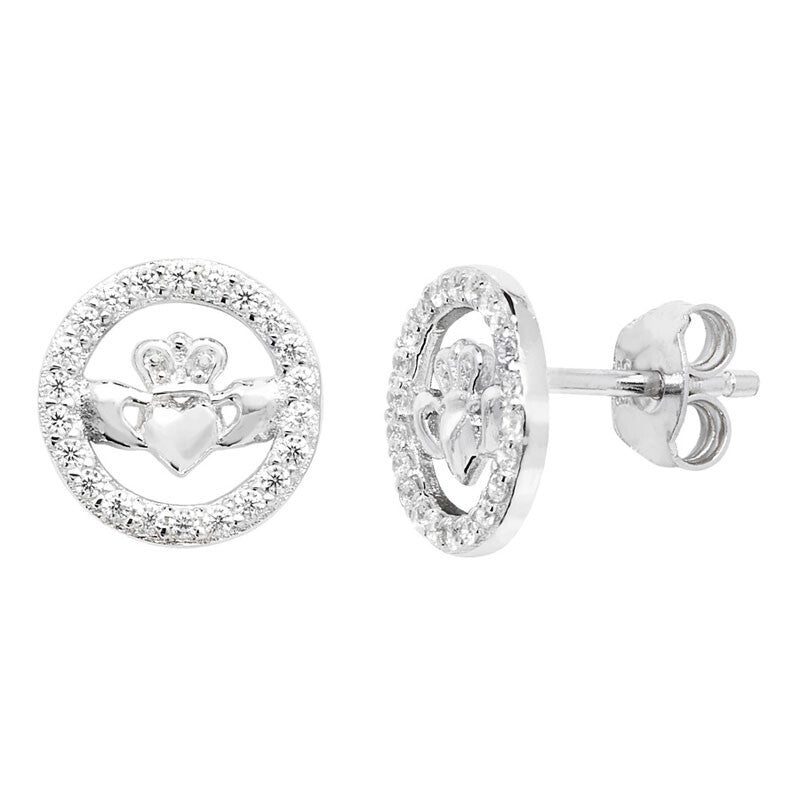 Channel Set Claddagh Stud Earrings Sterling Silver 925 Hallmarked British Made