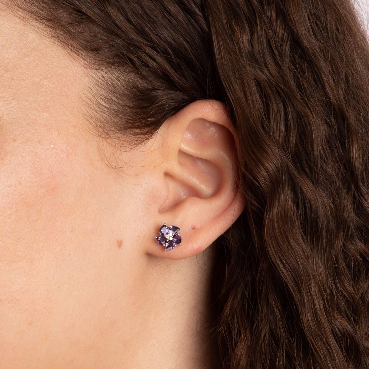 Iolite And Diamond Flower Earrings 9ct White Gold 375 Hallmarked British Made