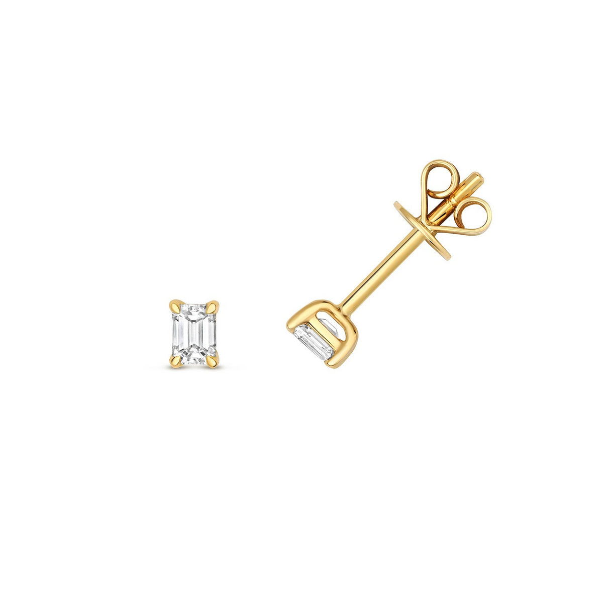 1 Natural Diamond Emerald Stud Earrings 18ct Yellow Gold Hallmarked British Made