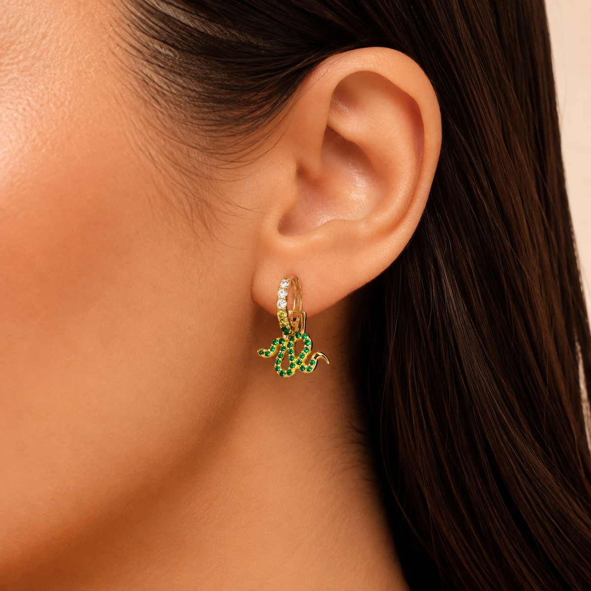 Emerald Snake Huggie Hoop Earrings 18ct Yellow Gold Plated Hallmark Brand New