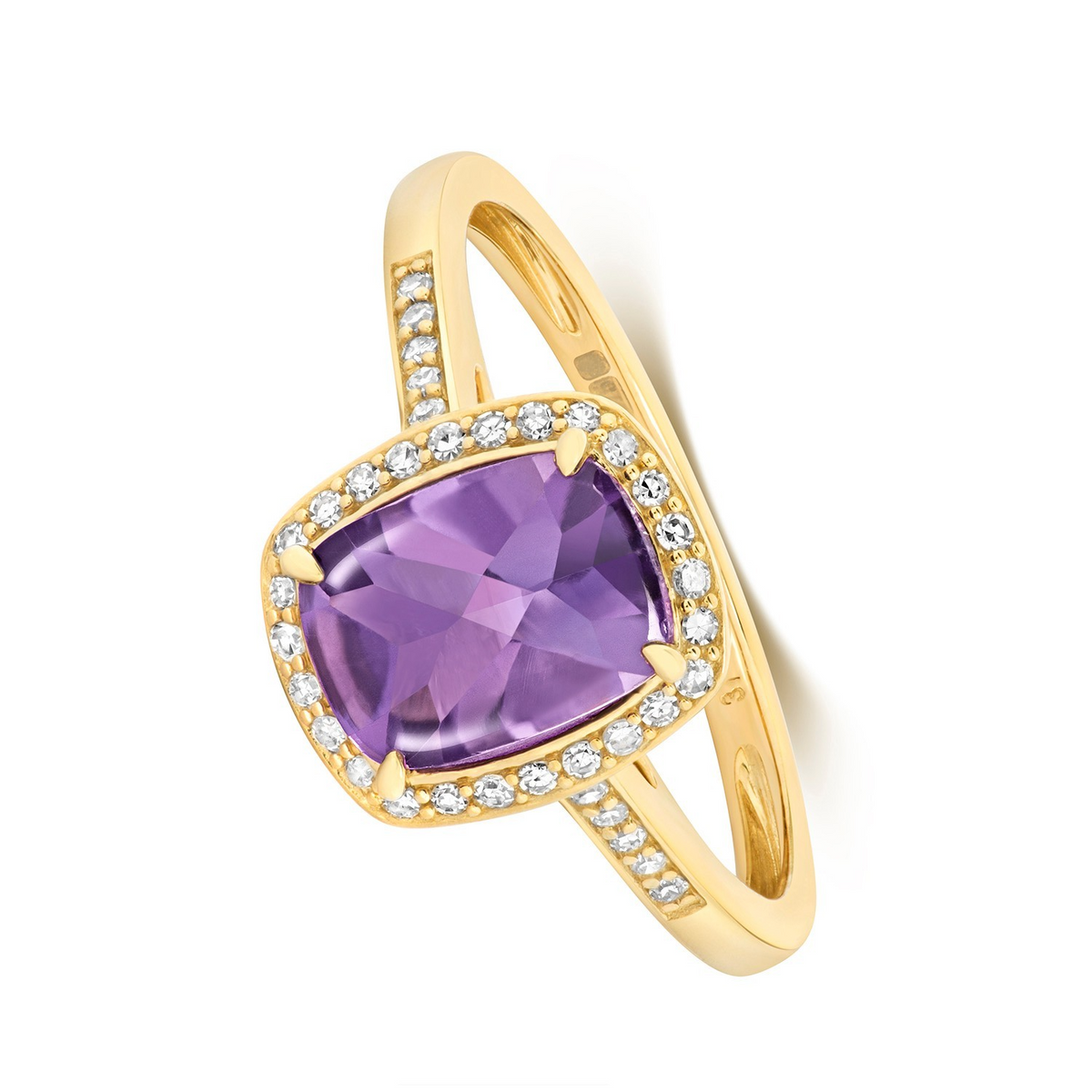 Halo Cushion Amethyst Diamond Ring 9ct Yellow Gold 375 Hallmarked Sizes J - Q