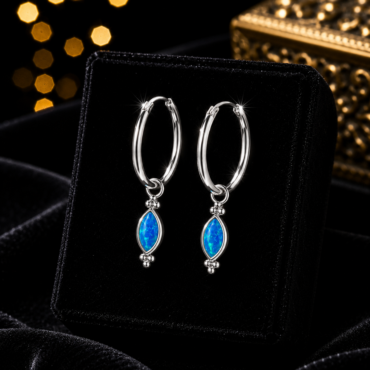 12mm Blue Opal Charm Hoop Earrings Sterling Silver 925 Hallmark Brand New Boxed