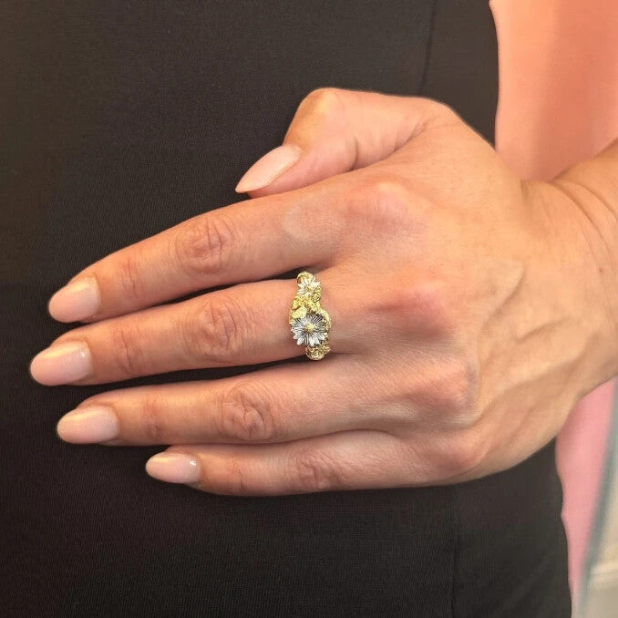 2 Tone Floral Ring 9ct Yellow Gold Plated Hallmarked British Made Size L - R