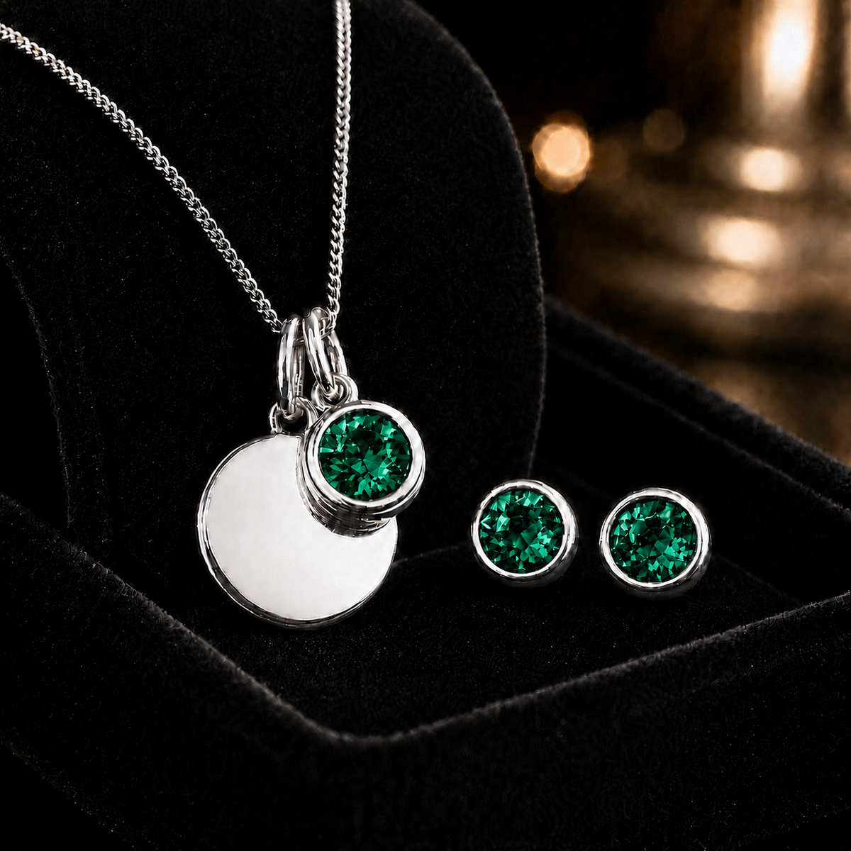 Engravable Solitaire Emerald Pendant and Earrings Set Solid Sterling Silver