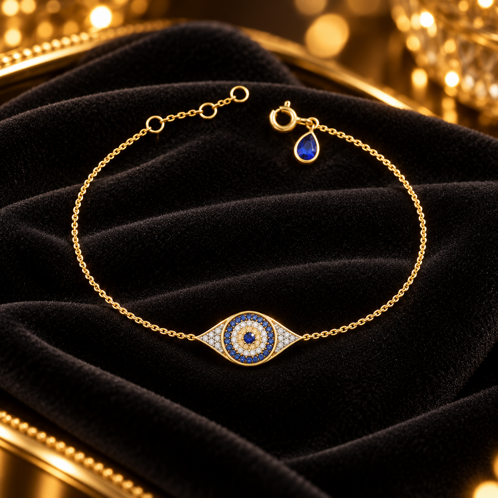 Sapphire Evil Eye Bracelet 9ct Yellow Gold 375 Hallmarked British Made