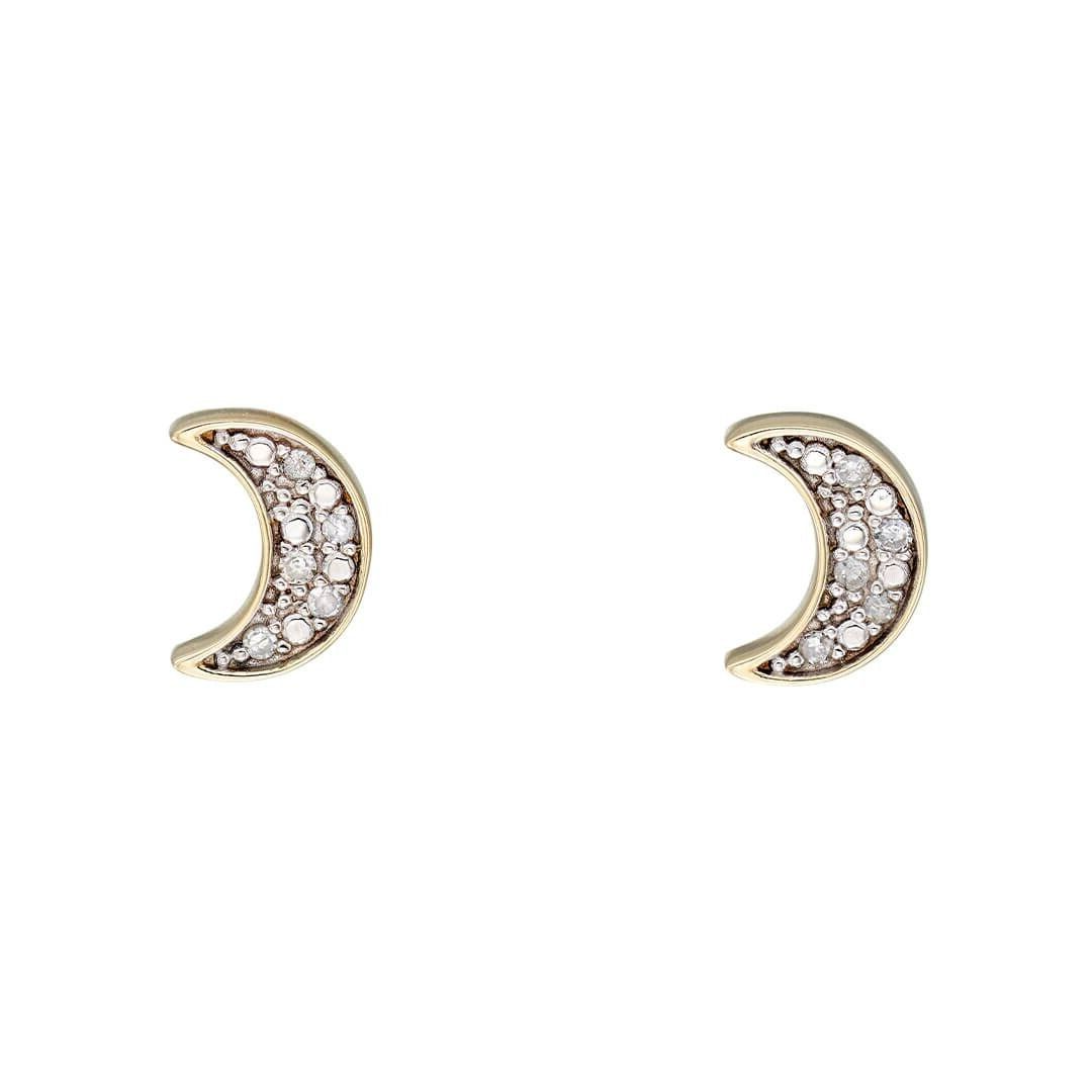 Diamond Moon Stud Earrings 9k Yellow Gold 375 Hallmarked British Made
