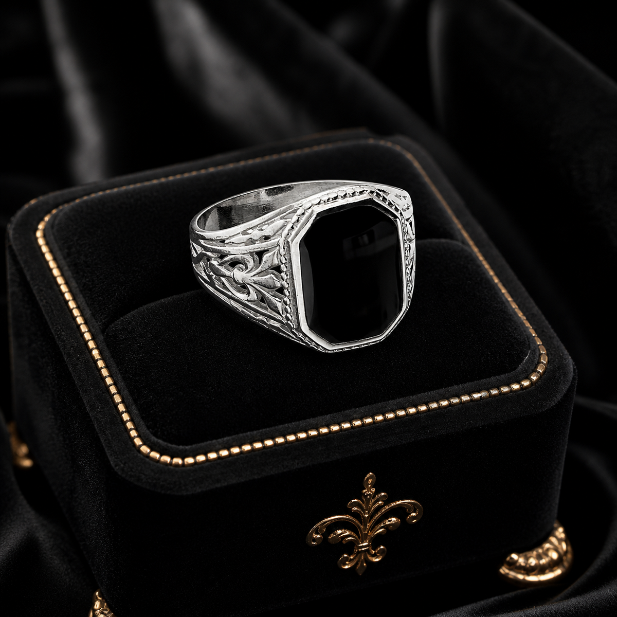 Sterling Silver Gents Ring Onyx Fancy Design Hallmarked Size S - W British Made