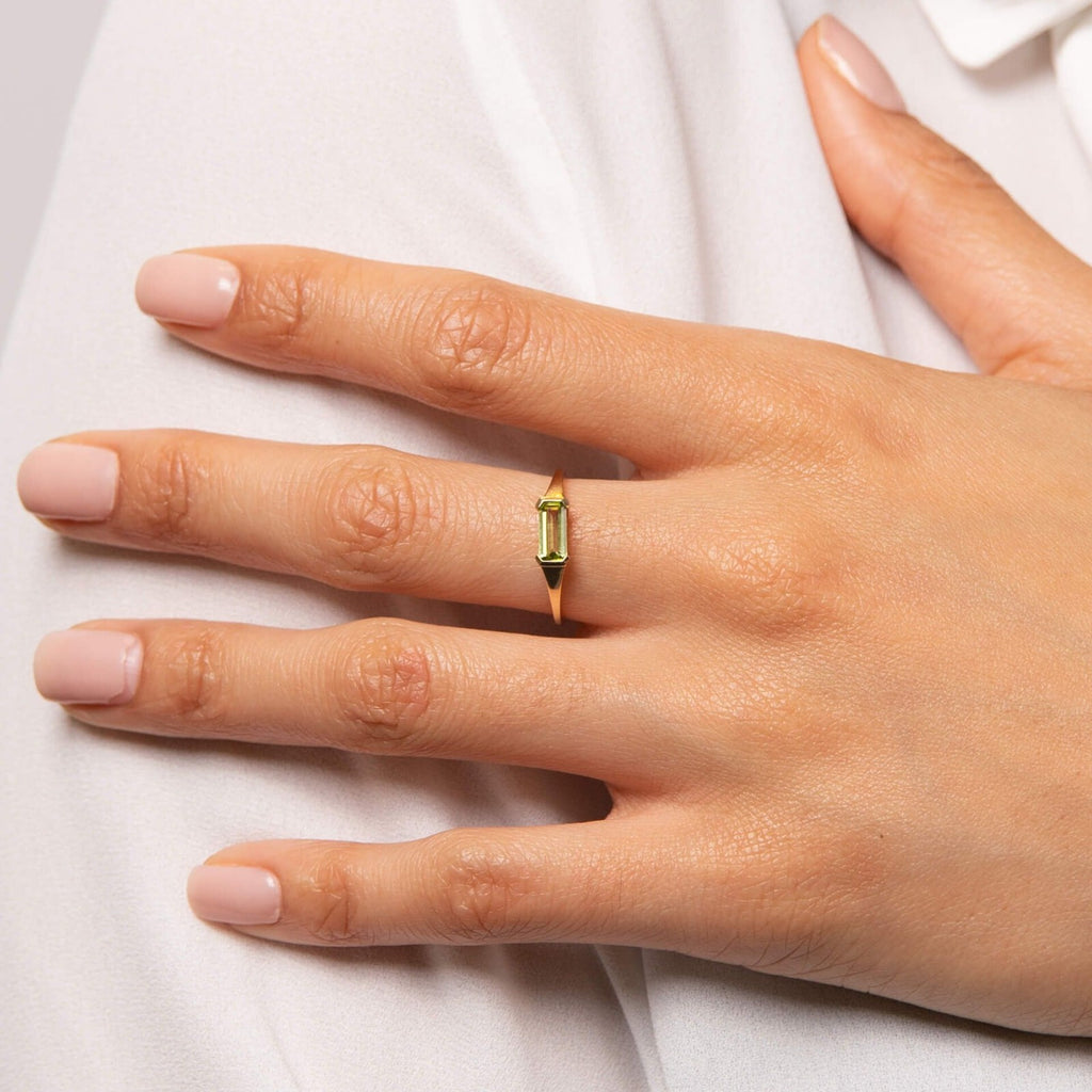 Elongated Baguette Peridot Ring 9ct Yellow Gold British Made Sizes L - Q