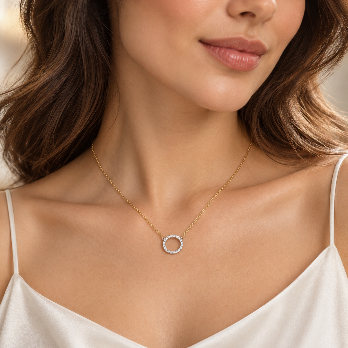 Ladies Pave Open Circle Necklace 9ct Yellow Gold 375 Hallmarked British Made