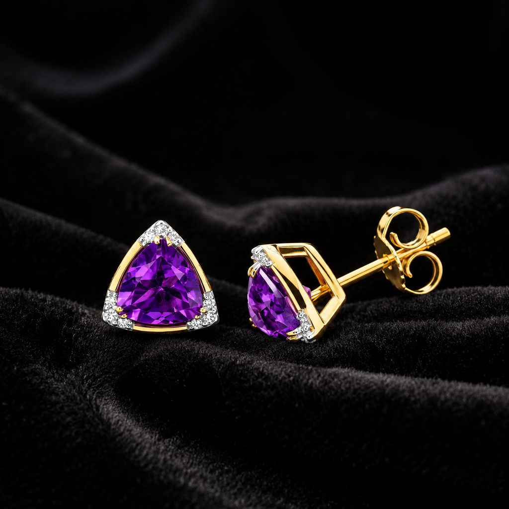 Natural Triangular Amethyst Diamond Earrings 9ct Multi Tone Gold 375 Hallmarked