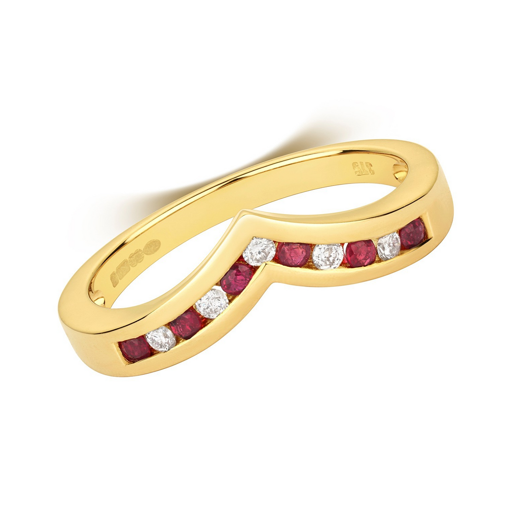 Ruby Diamond Wishbone Ring 9ct Yellow Gold 375 Hallmarked Sizes J - Q